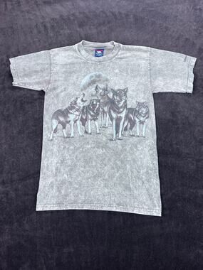 Vtg 90s Polar Graphics Wolf Pack Moon Mineral Wash Tee - Fits S/M